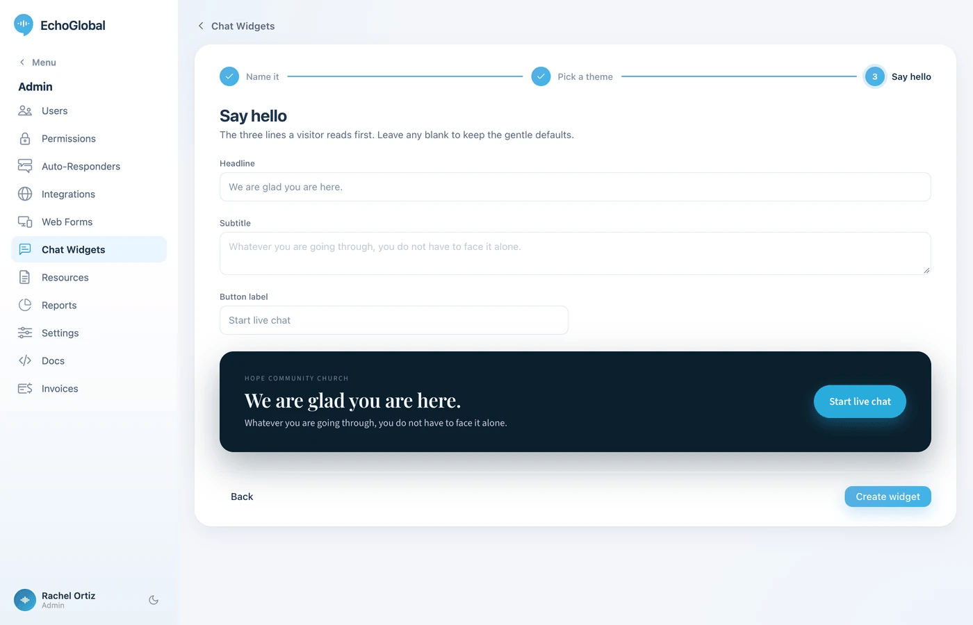 Step 3 of the builder, Say hello, with the headline, subtitle and button label fields above a sample of the welcome screen and a Create widget button