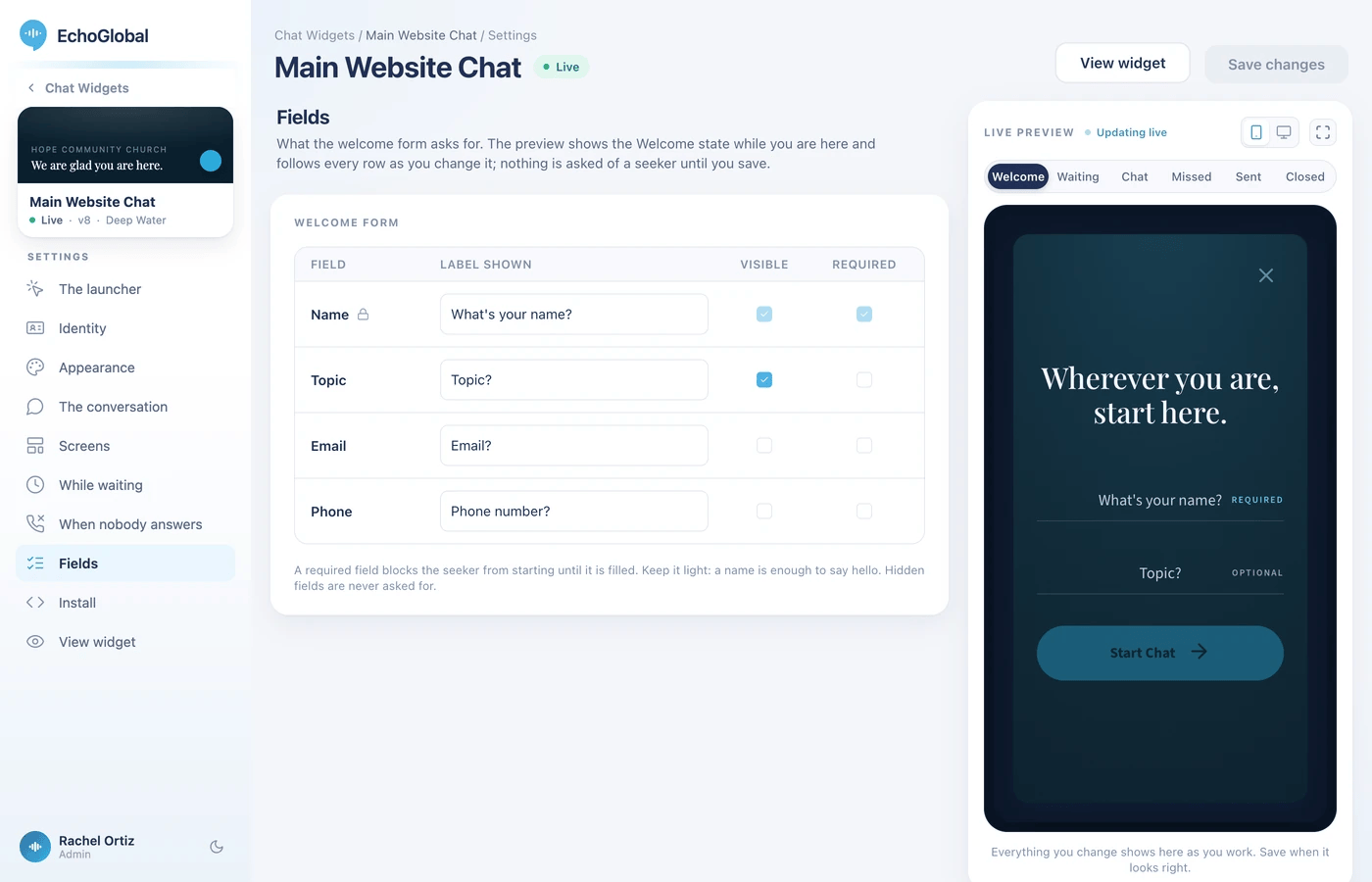 The Fields section, a table with Name, Topic, Email and Phone rows and a Visible and Required checkbox for each