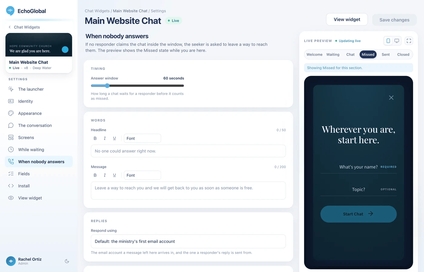 The When nobody answers section, showing the Answer window slider, the Headline and Message fields and the Respond using menu