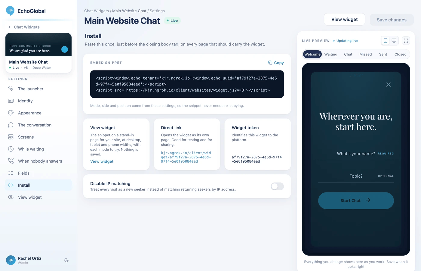 The Install section, showing the embed snippet with a Copy button and the View widget, Direct link and Widget token cards