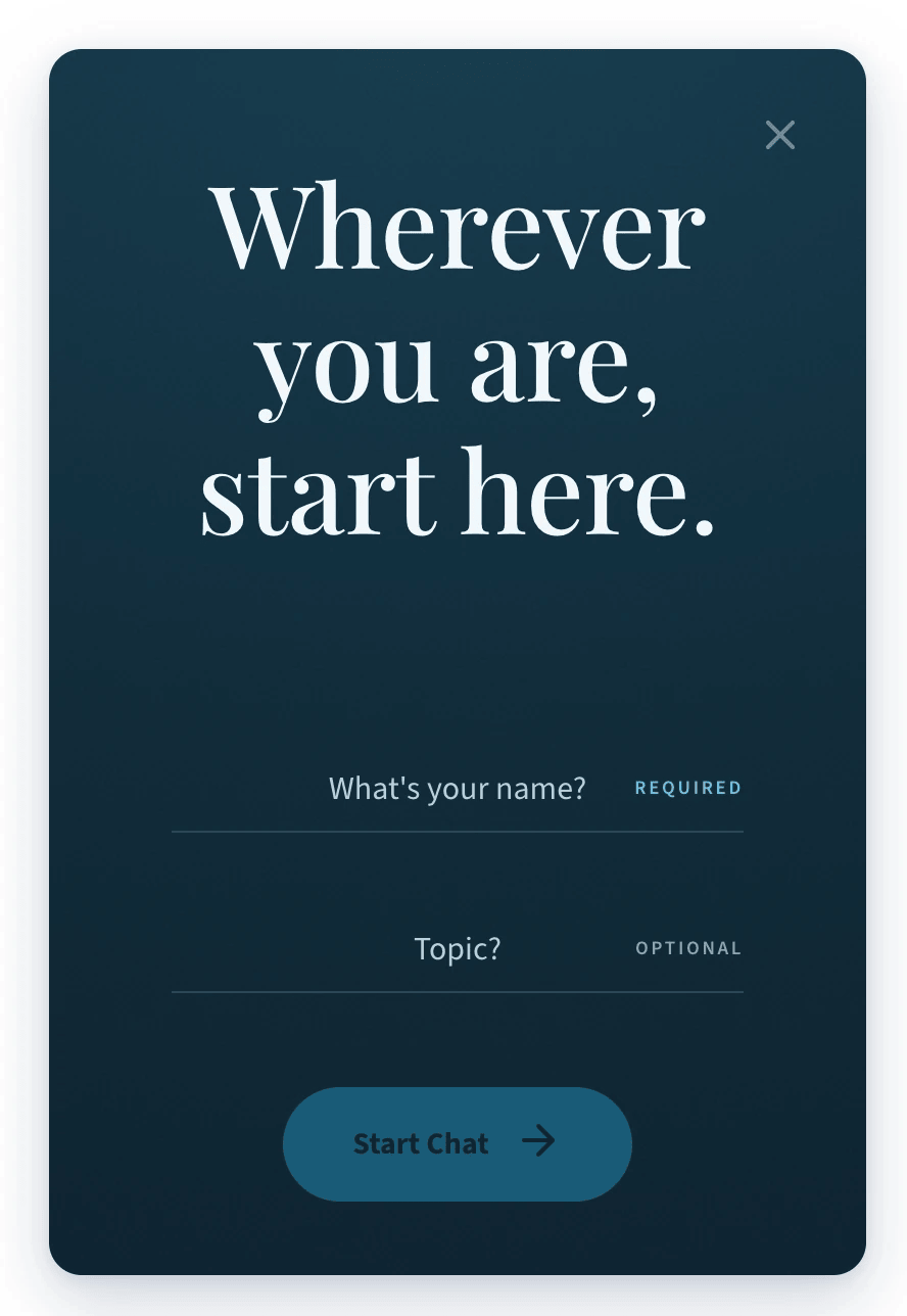The widget's welcome screen as a seeker sees it, with a headline, a name and topic field and a Start Chat button