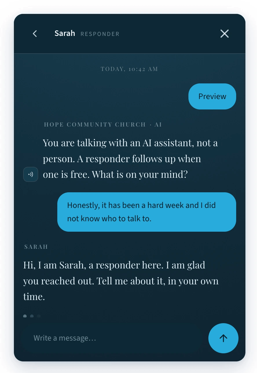A conversation in progress, with the responder Sarah's messages on the left and the seeker's on the right above a message box
