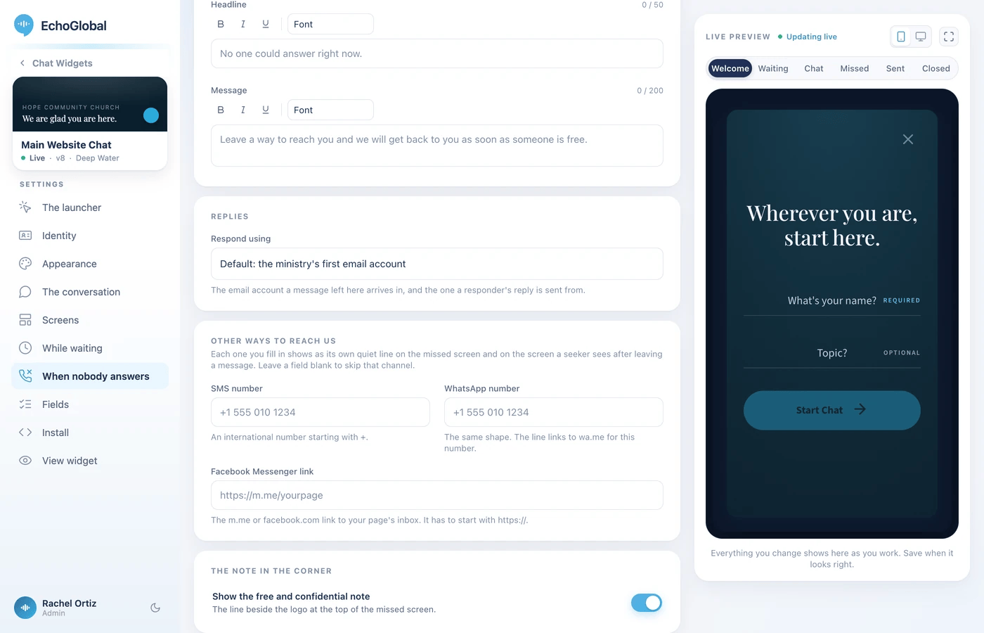 The lower half of the When nobody answers section, showing the Respond using menu, the SMS number, WhatsApp number and Facebook Messenger link fields, and the Show the free and confidential note switch