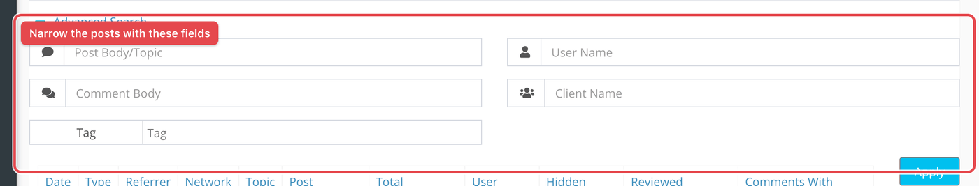 Advanced Search opened, showing the post, comment, user, client and tag fields.