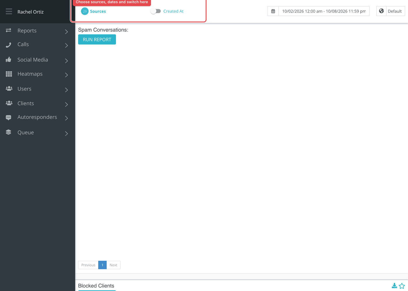 The Spam report before it is run: the Spam Conversations card and the Blocked Clients card.