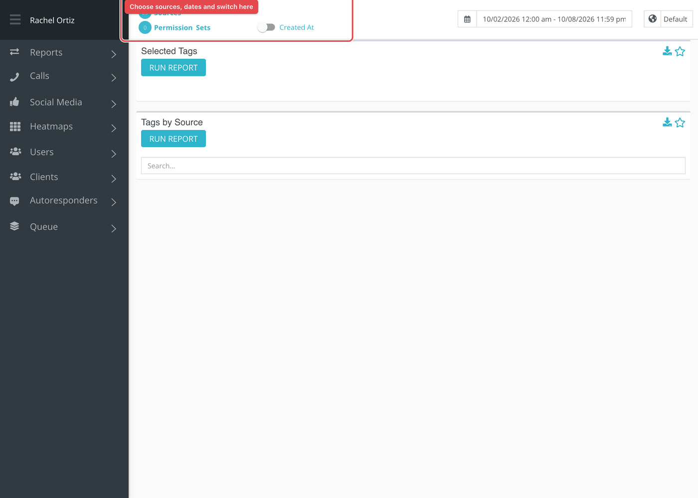 The Tags report before it is run: Selected Tags and Tags by Source.