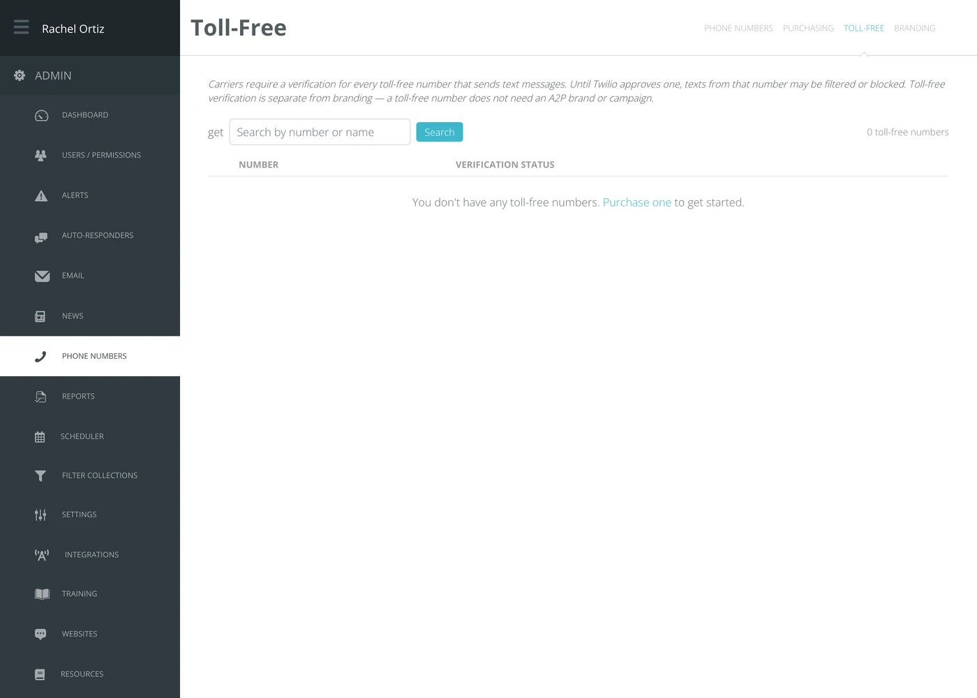 The Toll-Free screen, listing each toll-free number with its verification status.
