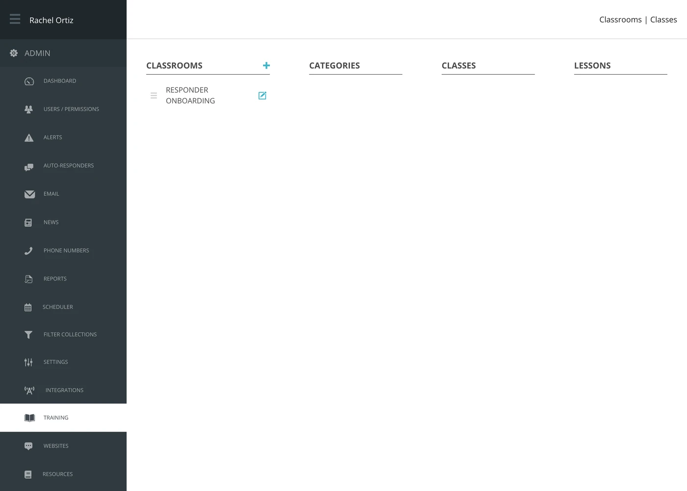 The Training screen, with empty Categories, Classes and Lessons columns beside a single classroom.