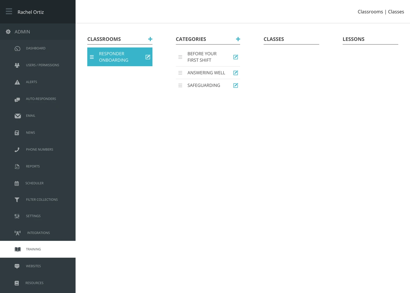 The Training screen with a classroom selected and three categories listed beside it.