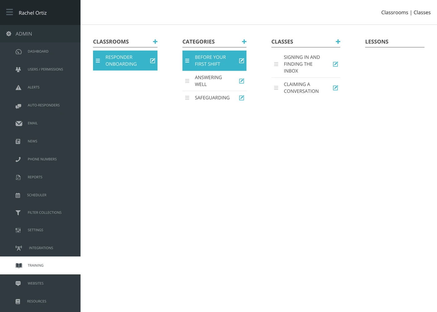 The Training screen with a classroom and a category selected, and two classes listed.