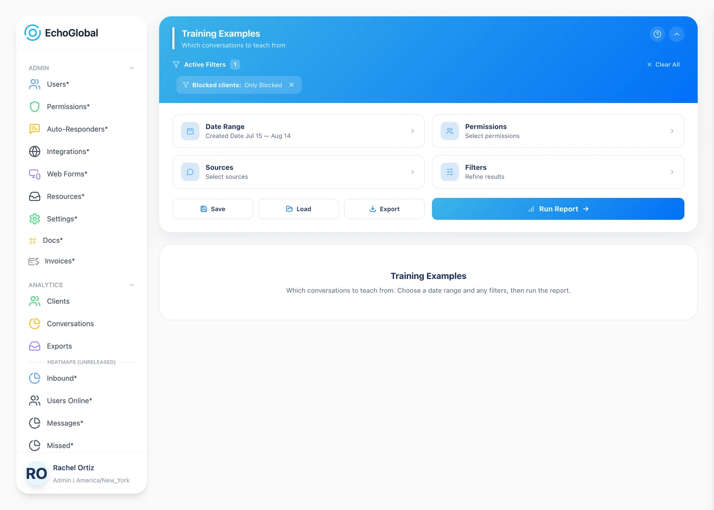 The Report Builder for the Training Examples report, with date range, sources, permissions and filters.