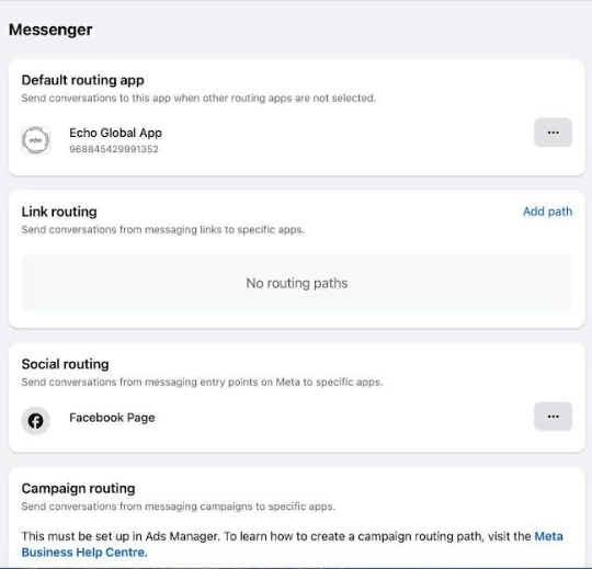 Facebook's Messenger conversation routing page showing four routing sections: Default routing app with Echo Global App selected, Link routing with no paths, Social routing with a Facebook Page entry, and Campaign routing.