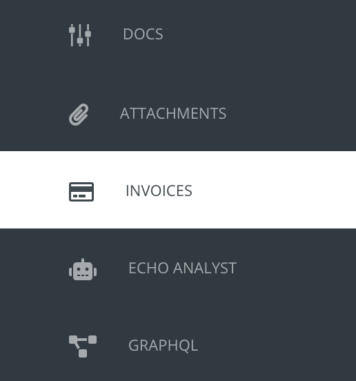 The Echo admin menu with Invoices selected, between Attachments and Echo Analyst.