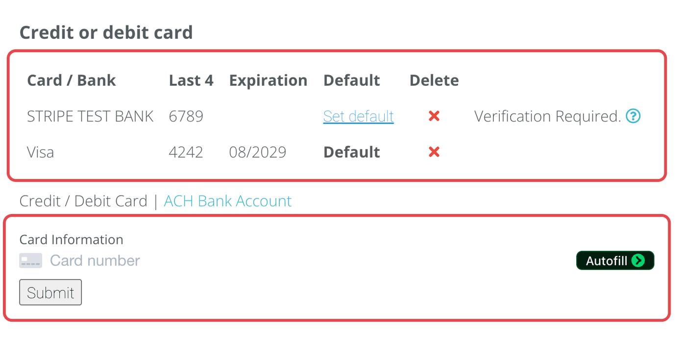 The Credit or debit card box: a table of saved methods with a Visa ending 4242 marked Default and a bank account marked Verification Required, and below it the card number field and Submit.