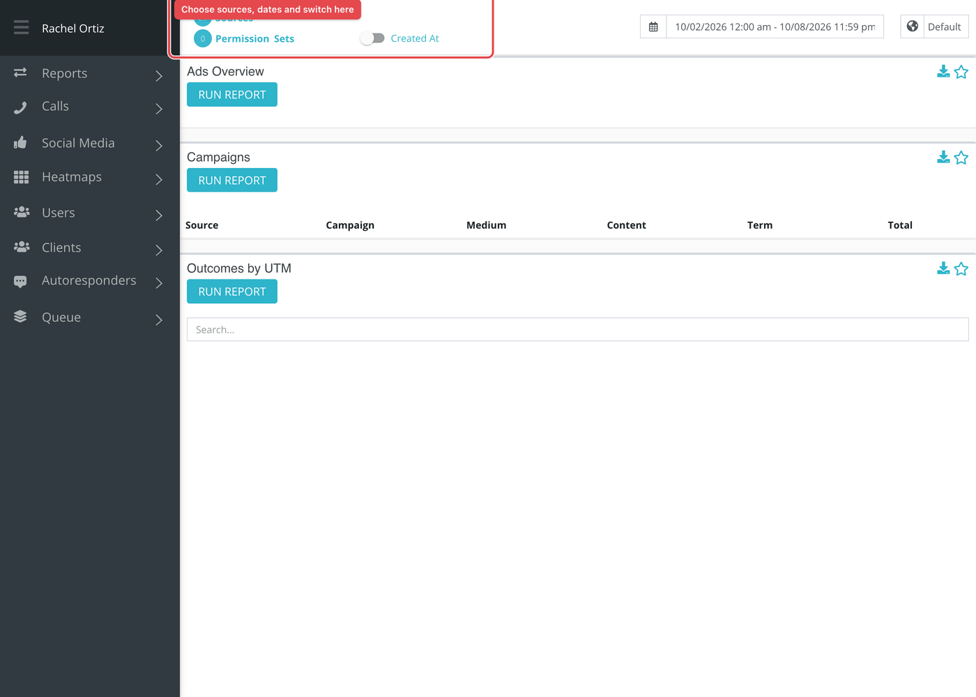 The UTM Tracking report before it is run: Ads Overview, Campaigns and Outcomes by UTM.