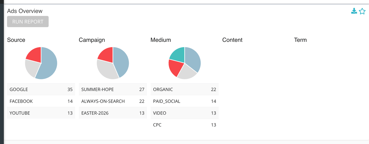 Ads Overview after Run Report: a pie and value list each for source, campaign, medium, content and term.