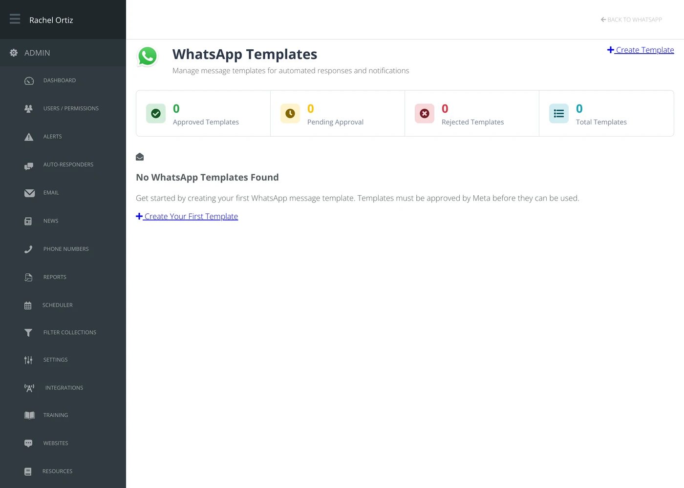 The WhatsApp Templates screen, with counts of approved, pending, rejected and total templates.