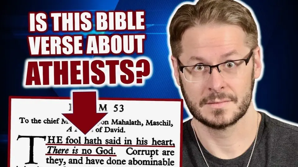 A thumbnail from David Wood's channel: a question in white and red on blue at the left, a red arrow pointing at a printed Bible verse, and David cut out with a white outline on the right