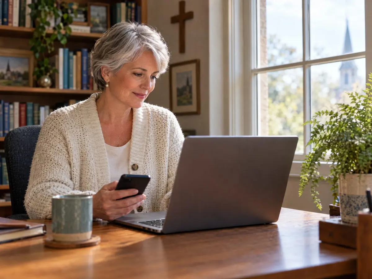 A woman at a wooden desk with a laptop and a phone, a small cross on the bookshelf behind her