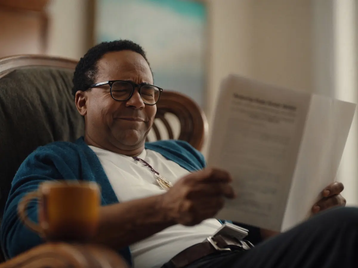 A man in glasses reading a printed page in an armchair, smiling