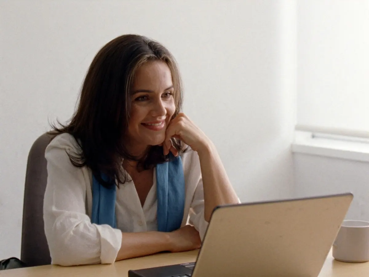 A woman at a laptop at a bright table, smiling as she reads a message
